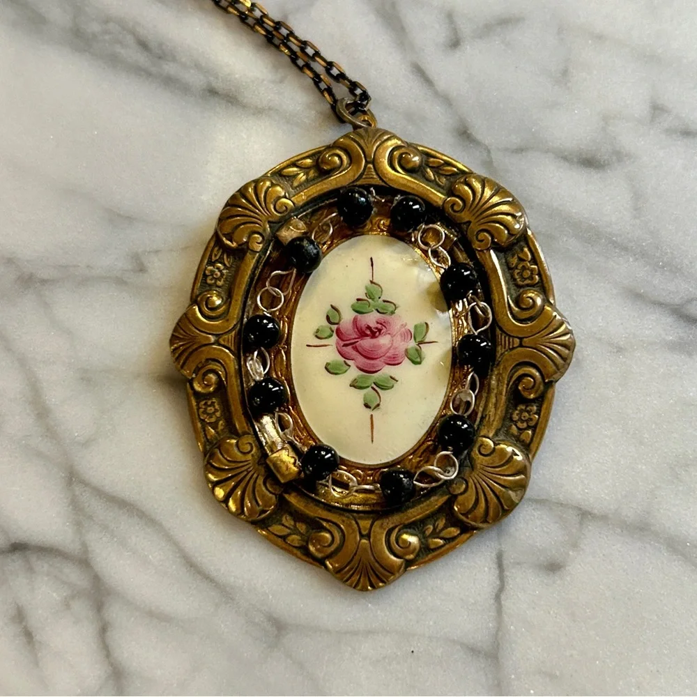 Vintage Brass Filigree Necklace Cabbage Rose - Picture 5 of 6